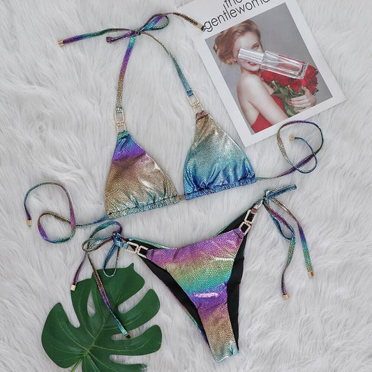 Gradient Rainbow Snake Skin Diamond Bikins