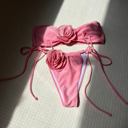 Strapless 3D Flower Thong Biquini