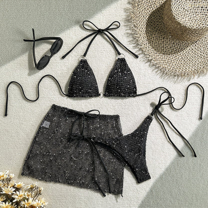 3PCS Halter Hollow Out Skirt Bikini
