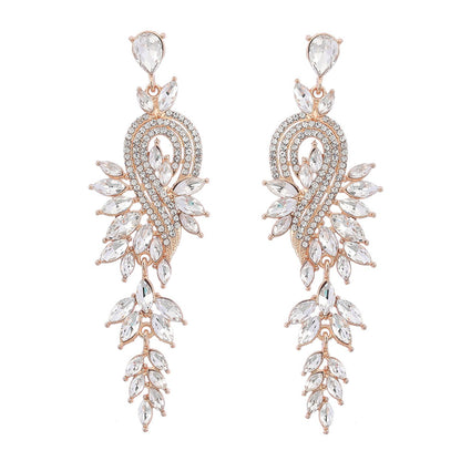 Dangle Earrings Metal Hollow Chain Leaves Crystal Pendant