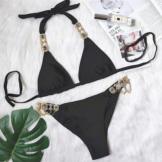 Halter Metal Chains Rhinestone Diamond Bikini set