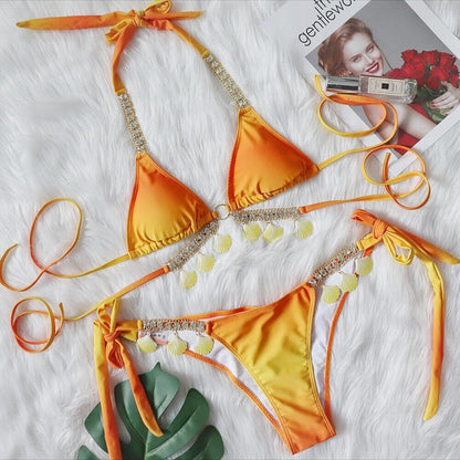 Pink Gradient Shell Chain Rhinestone Halter Bikinis Set