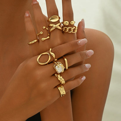 12Pcs/ Set Adjustable Geometric Rings Gold Color Irregular Alloy Jewelry