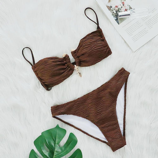 Sexy Brown Ribbed Metal Bikini