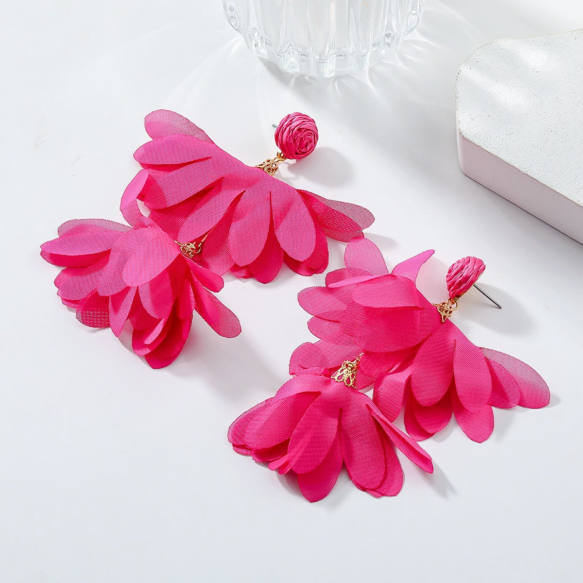 Fabric Flower Dangle Earrings Retro Sweet Hanging Ear Studs