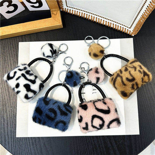 Plush Leopard Print Wallets Keyring Earphone Bag Ornaments
