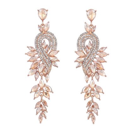 Dangle Earrings Metal Hollow Chain Leaves Crystal Pendant