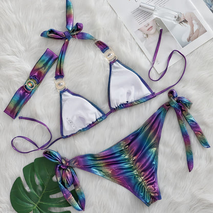 Glossy Sexy Halter Bikinis With Rhinestones