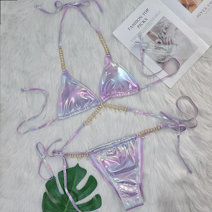 Sexy Halter Shiny Diamond Laser Metallic Bikini