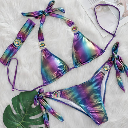 Glossy Sexy Halter Bikinis With Rhinestones