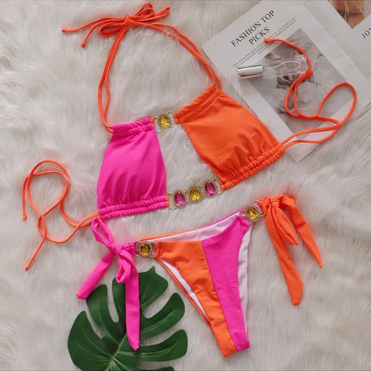Splicing Halter Jewelled  Hollow Out Bikini