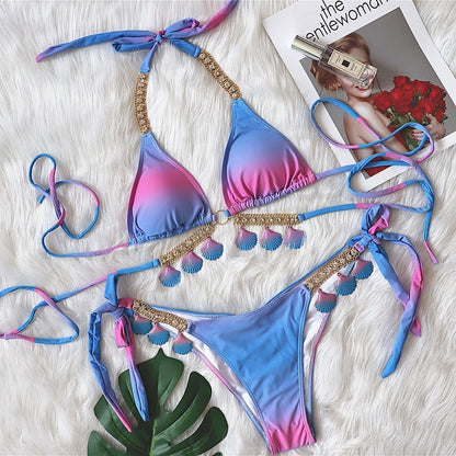 Pink Gradient Shell Chain Rhinestone Halter Bikinis Set