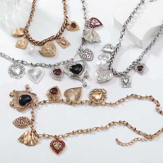 Exaggerated Vintage Heart Pendant Necklace Punk Cuban Chains Chokers