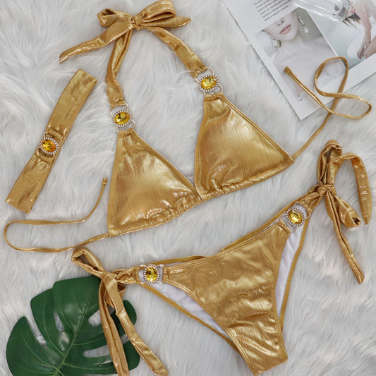 Glossy Sexy Halter Bikinis With Rhinestones