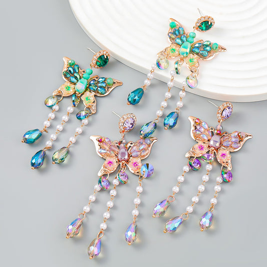 Butterfly Acrylic Beads Big Fashion Long Drop Tassel Earrings