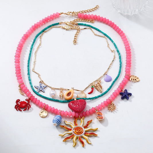 3pcs/set Shell Sea Star Sun Conch Bead Heart Crab Necklace Exaggerated Jewelry