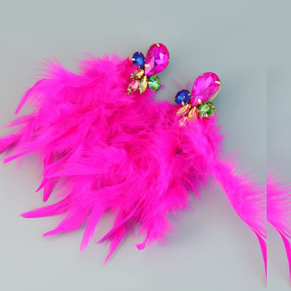 Feather Statement Earring Colored Crystal Long Tassel Earrings