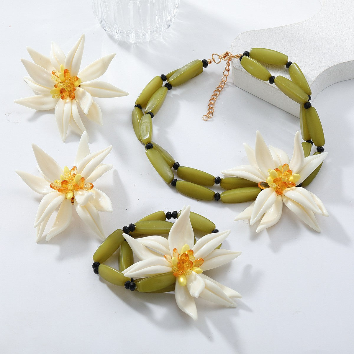 Handmade Beaded Large Flower Choker Necklace bracelet ear stud