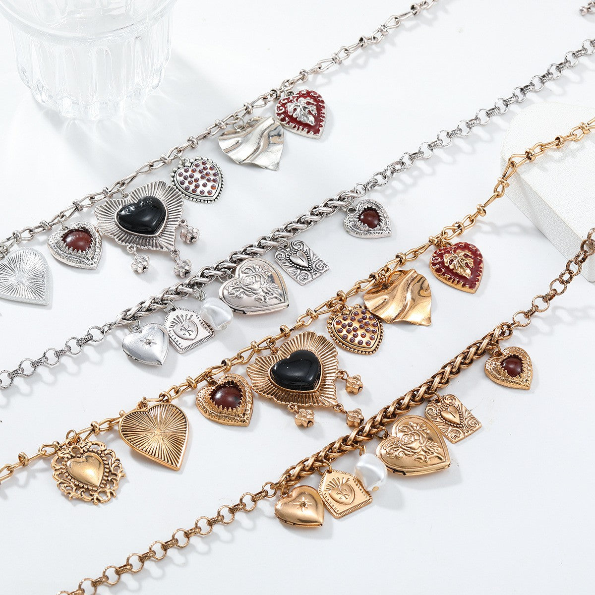 Exaggerated Vintage Heart Pendant Necklace Punk Cuban Chains Chokers