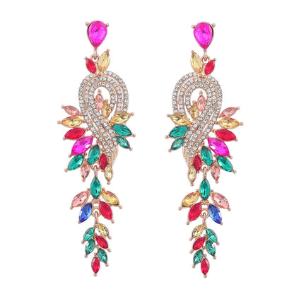 Dangle Earrings Metal Hollow Chain Leaves Crystal Pendant