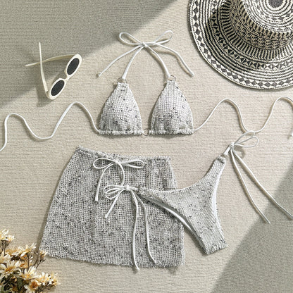 3PCS Halter Hollow Out Skirt Bikini