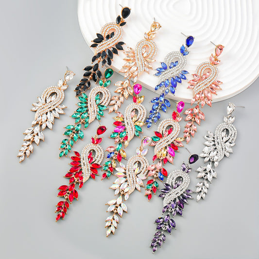 Dangle Earrings Metal Hollow Chain Leaves Crystal Pendant