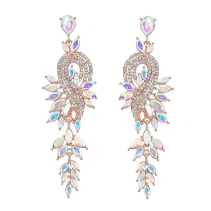 Dangle Earrings Metal Hollow Chain Leaves Crystal Pendant