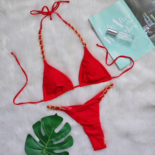 Sexy Micro Triangle Metal Chain Bikini