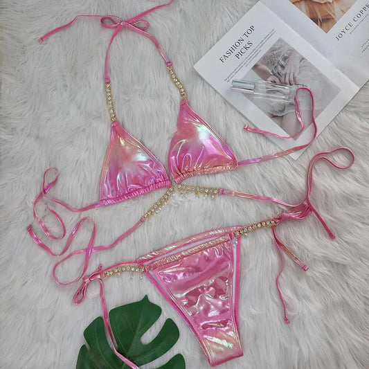 Sexy Halter Shiny Diamond Laser Metallic Bikini