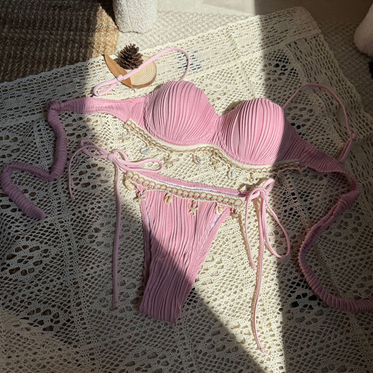 Wave Texture Shell Petal Hard Bag Split Bikini