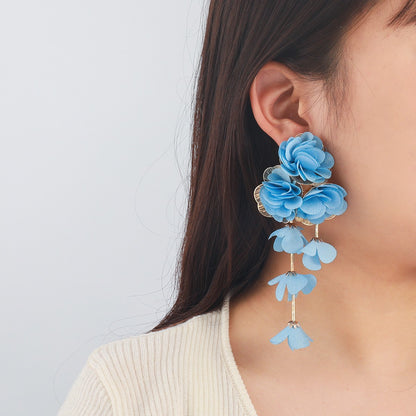 Chiffon Flowers Tassel Earrings Vacation Style Sweet Drop Earring
