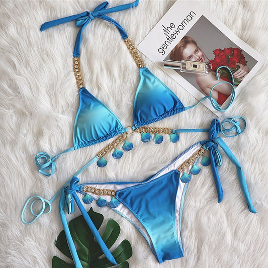 Pink Gradient Shell Chain Rhinestone Halter Bikinis Set