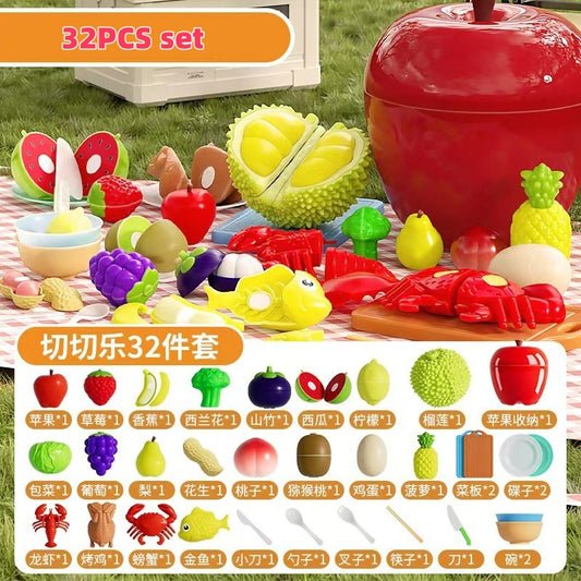 1 Set Plastic Fruit & Vegetable Cutting Educational Set Kitchen Pretend Play Toy with Apples Jar
