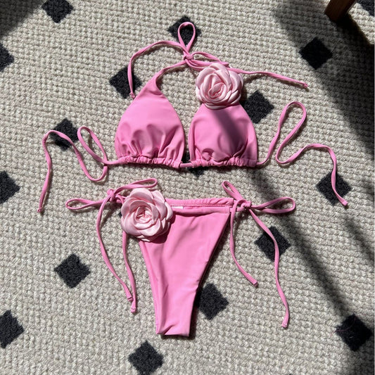 3D Flowers Halter Strappy Bikini