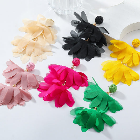 Fabric Flower Dangle Earrings Retro Sweet Hanging Ear Studs