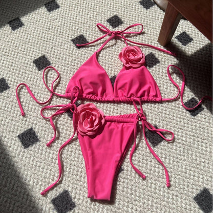 3D Flowers Halter Strappy Bikini