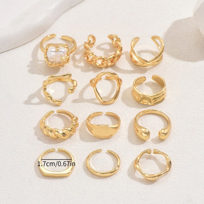 12Pcs/ Set Adjustable Geometric Rings Gold Color Irregular Alloy Jewelry