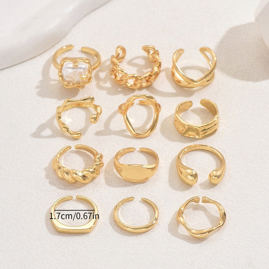 12Pcs/ Set Adjustable Geometric Rings Gold Color Irregular Alloy Jewelry