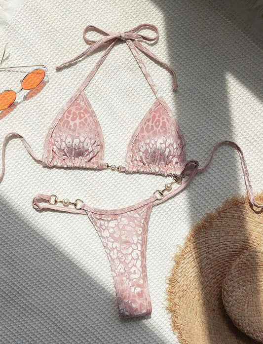 Leopard Halter Mini Micro Velvet Bikini