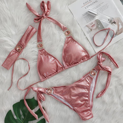 Glossy Sexy Halter Bikinis With Rhinestones