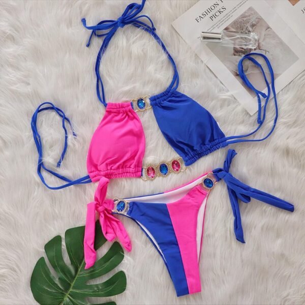 Rhinestone Patchwork Bikini - 图片 2