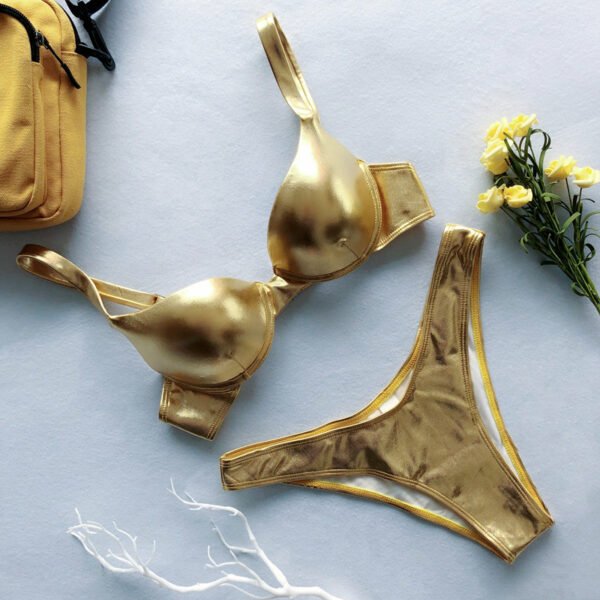Metallic Push Up Padded Bra Beach Wear Bikini Set Silver Gold Swimwear
