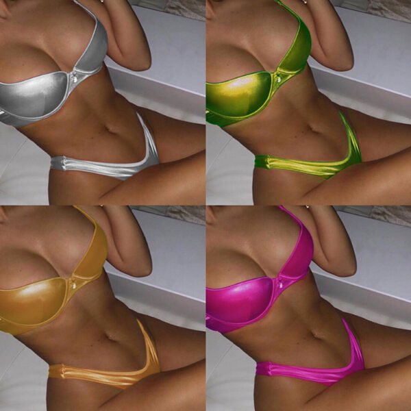 Metallic Push Up Padded Bra Beach Wear Bikini Set Silver Gold Swimwear - 图片 2