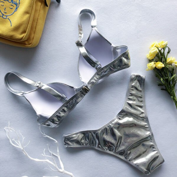 Metallic Push Up Padded Bra Beach Wear Bikini Set Silver Gold Swimwear - 图片 12