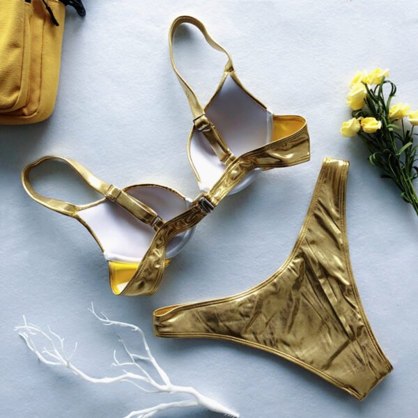 Metallic Push Up Padded Bra Beach Wear Bikini Set Silver Gold Swimwear - 图片 4