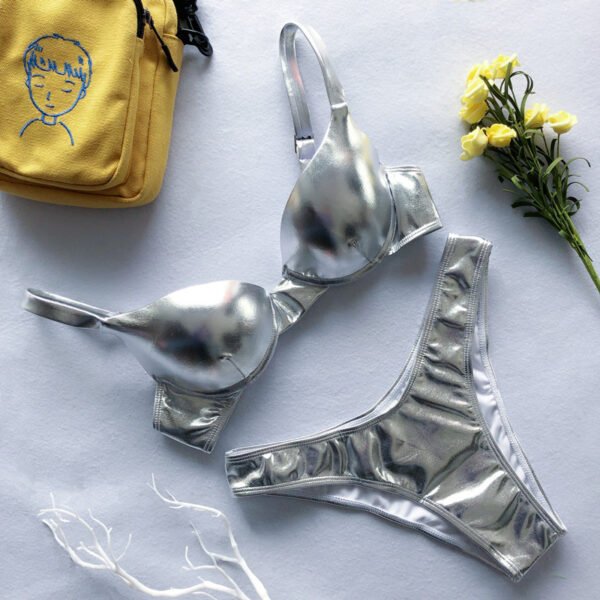 Metallic Push Up Padded Bra Beach Wear Bikini Set Silver Gold Swimwear - 图片 11
