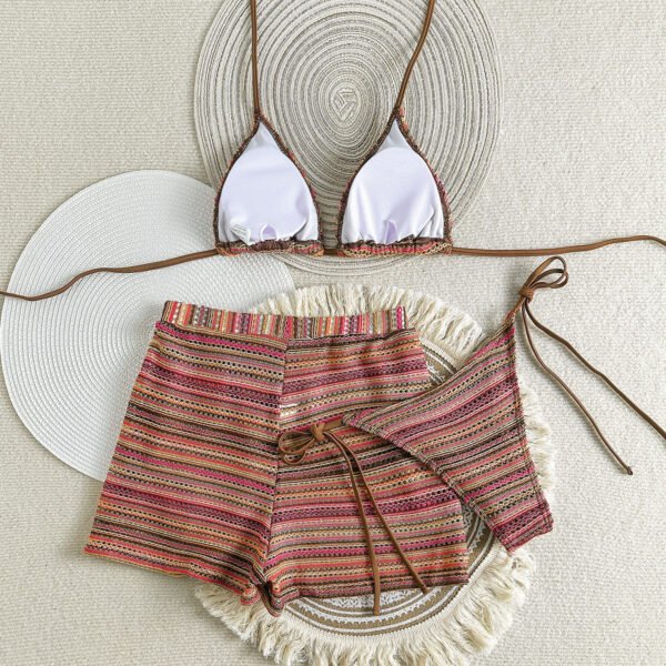 3-Piece Striped Bikini Set with Shorts – Stylish & Comfortable Beachwear - 图片 6