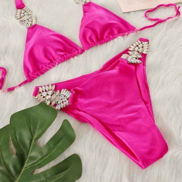 Rhinestone Halter Bikini Set - 图片 3