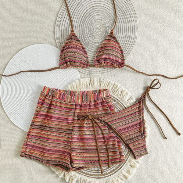 3-Piece Striped Bikini Set with Shorts – Stylish & Comfortable Beachwear
