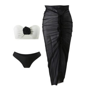 3-Piece Bikini Set with 3D Rose Embellished Bra and High-Waisted Skirt